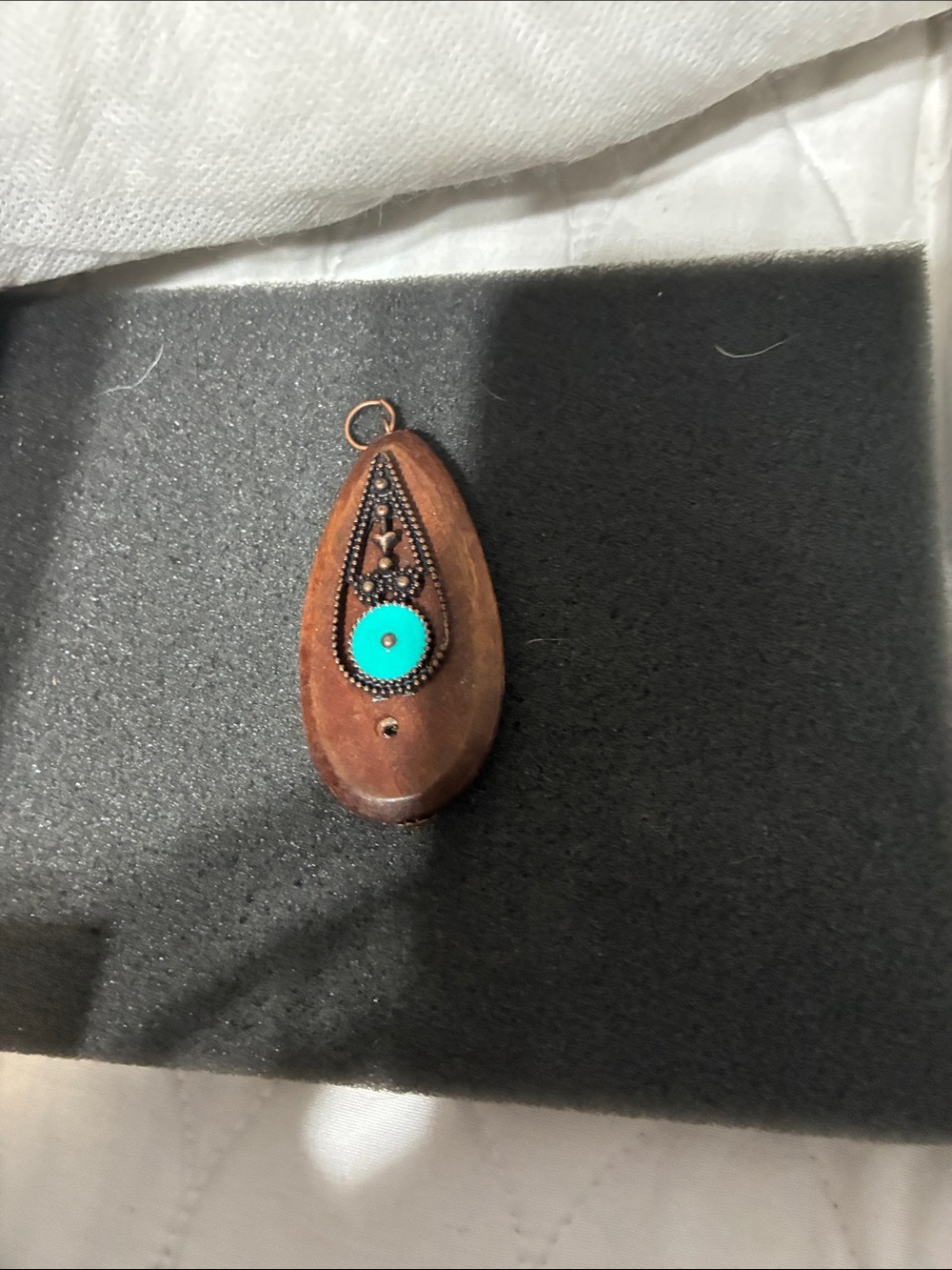 Turquoise Accent Teardrop Wood Pendant Necklace - Women Jewelry